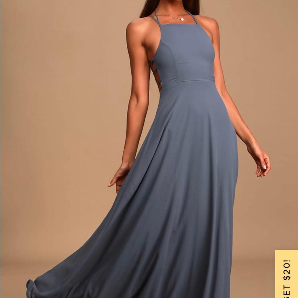 Lulu’s Strappy To Be Here Denim Blue Lace-Up Maxi Dress - Medium